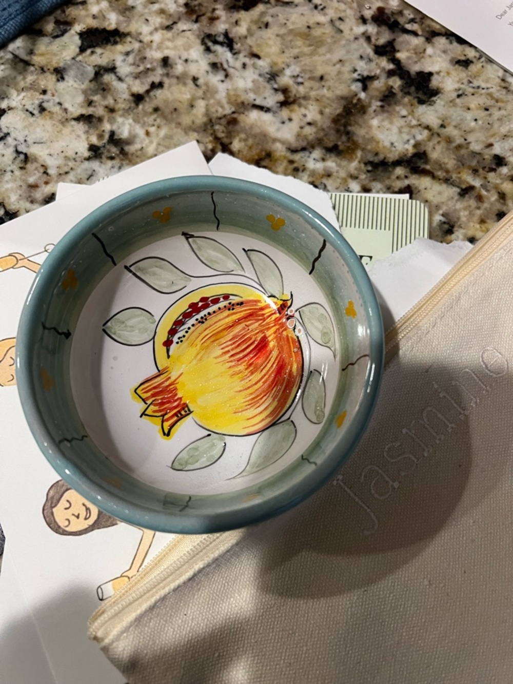 Hand-Painted Pomegranate trinket  dish in Teal and Yellow